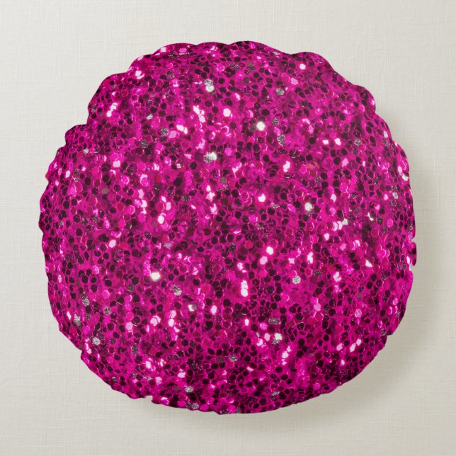 Hot pink sparkles faux glitter round pillow (Front)