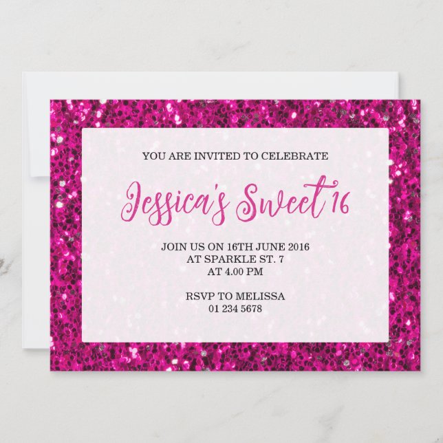 Hot pink sparkles glitter Sweet 16 elegant script Invitation (Front)