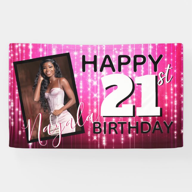 Hot Pink Sparkles| Monogram| AGE| Photo Birthday Banner (Horizontal)