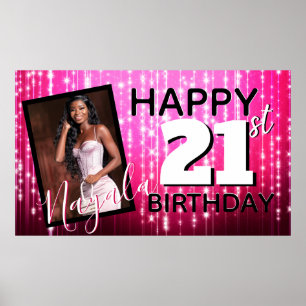 Hot Pink Sparkles  Monogram  AGE  Photo Birthday Poster