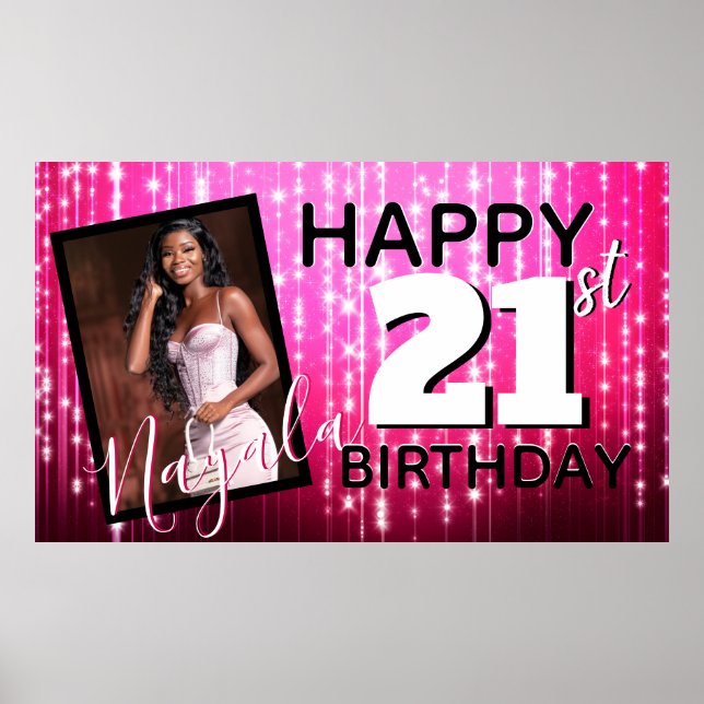 Hot Pink Sparkles| Monogram| AGE| Photo Birthday Poster (Front)