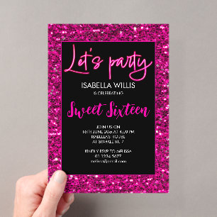 Hot pink sparkles Sweet 16 neon lets party  Acrylic Invitations