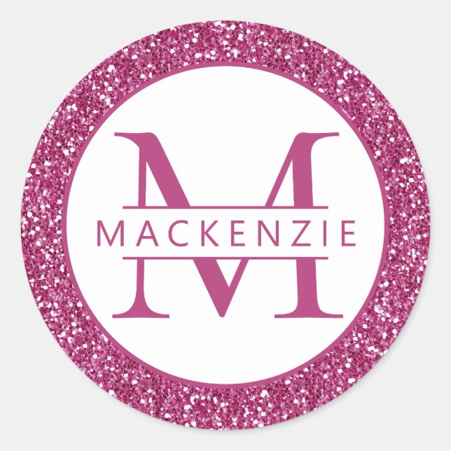 Hot Pink Sparkly Glitter Personalized Name Classic Round Sticker (Front)