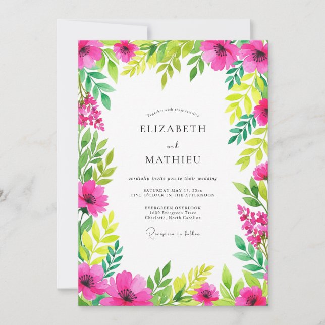 Hot Pink Spirited Spring Wedding Invitation (Front)