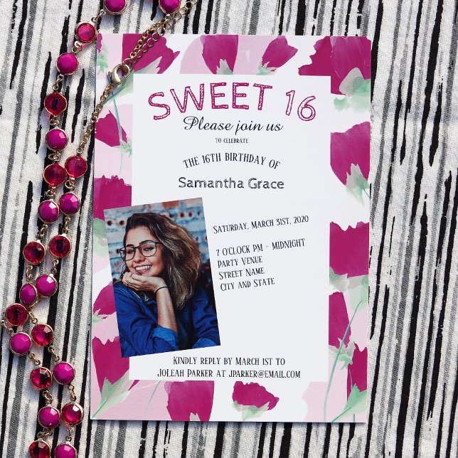 Hot Pink Spring Tulips Sweet 16 Invitations (pink sweet 16 invitations with tulips and photo, cute pink tulips are perfect for a spring sweet 16)