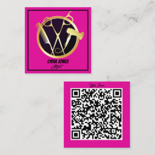 Hot Pink Square Stylist Custom Logo with QR Code Business Card