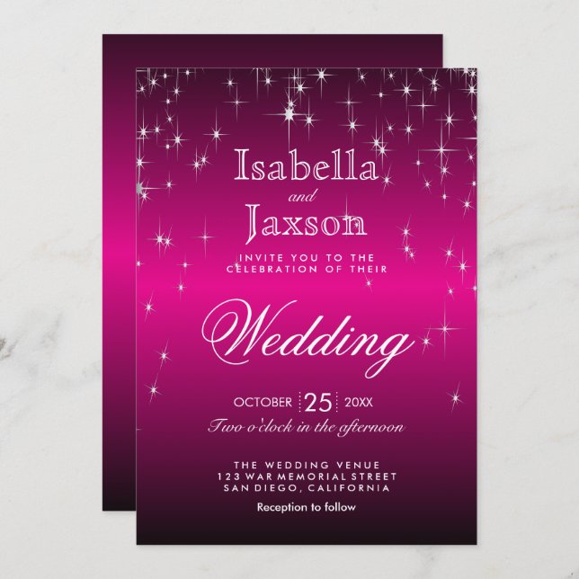 Hot Pink Star Lights Wedding Invitation (Front/Back)