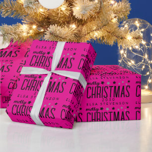 Hot Pink Star Pattern Merry Christmas Text Wrapping Paper