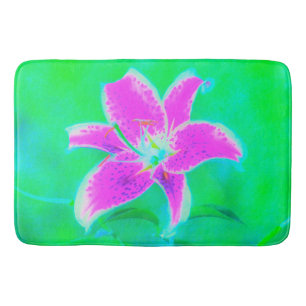 Hot Pink Stargazer Lily on Turquoise and Green Bath Mat