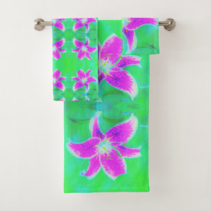 Hot Pink Stargazer Lily on Turquoise and Green Bath Towel Set