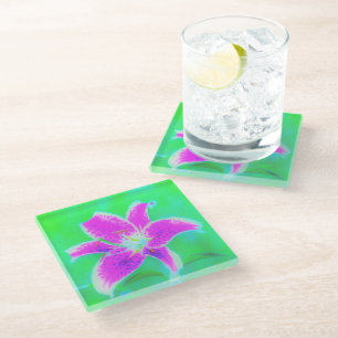 Hot Pink Stargazer Lily on Turquoise and Green Glass Coaster