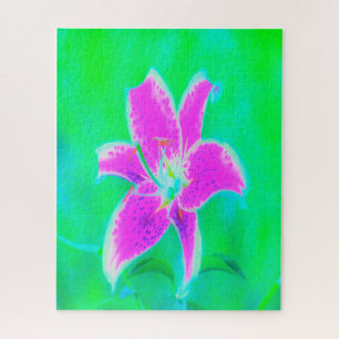 Hot Pink Stargazer Lily on Turquoise and Green Jigsaw Puzzle