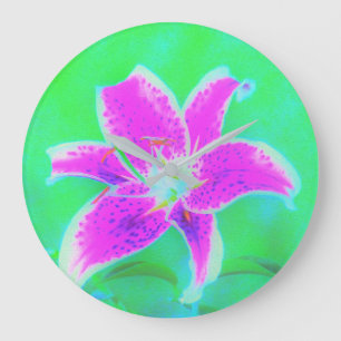 Hot Pink Stargazer Lily on Turquoise and Green Large Clock
