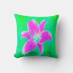 Hot Pink Stargazer Lily on Turquoise and Green Throw Pillow