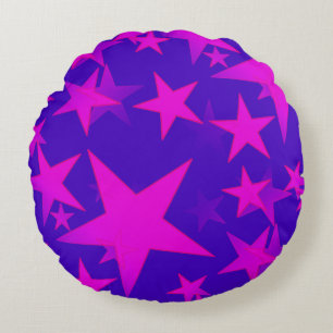 Hot Pink Stars Blue Background Round Throw Pillow