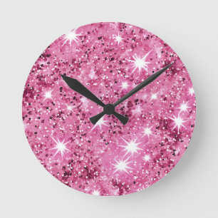 Hot Pink Stars Sequin Glitter Round Clock