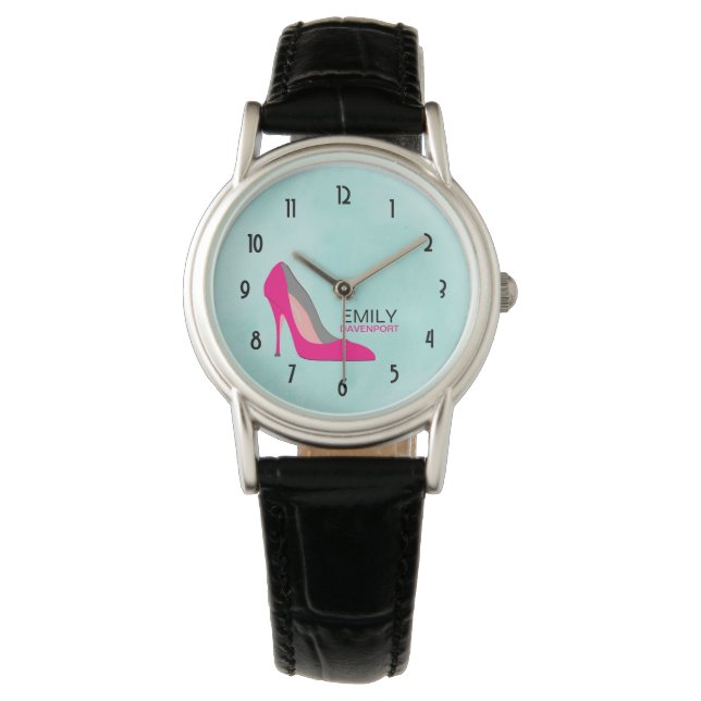 Hot Pink Stiletto High Heel Shoe Chic Personalized Watch (Front)