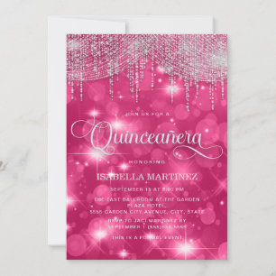 Hot Pink String Lights Sparkle Quinceañera Invitation