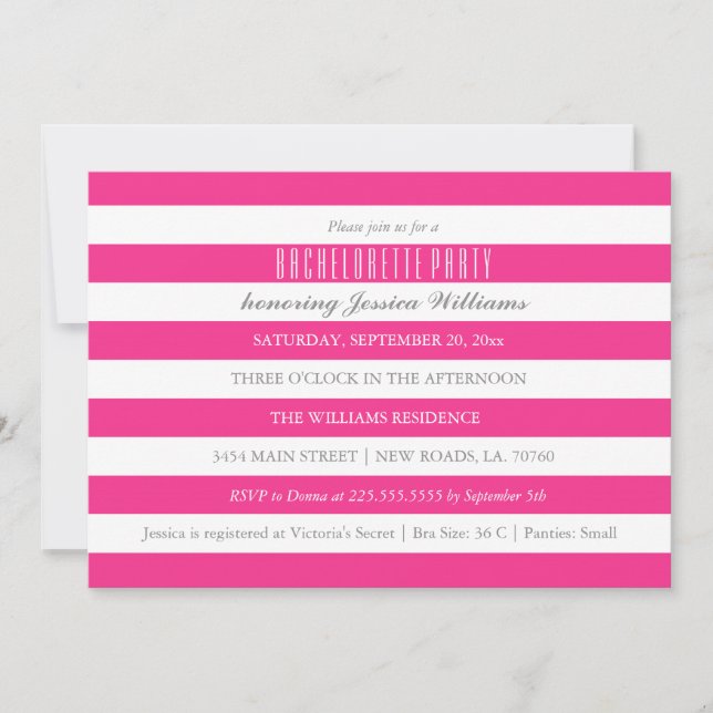 Hot Pink Striped Bachelorette Party Invitations (Front)