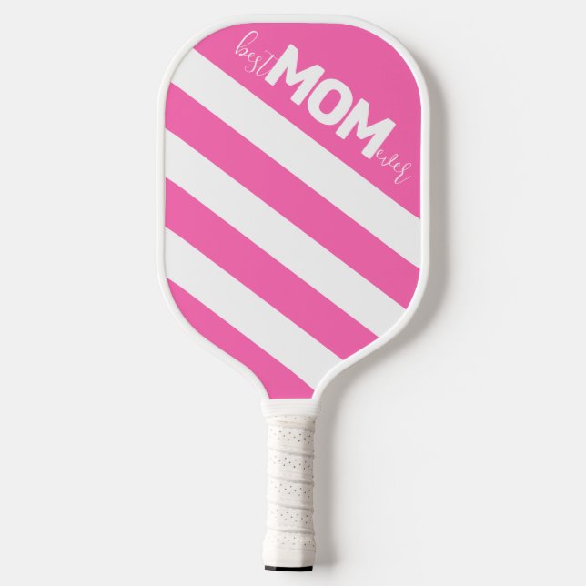 Hot Pink Striped Best Mom Ever Pickleball Paddle (Back)