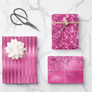 Hot Pink Stripes Glitter Wrapping Paper Sheet