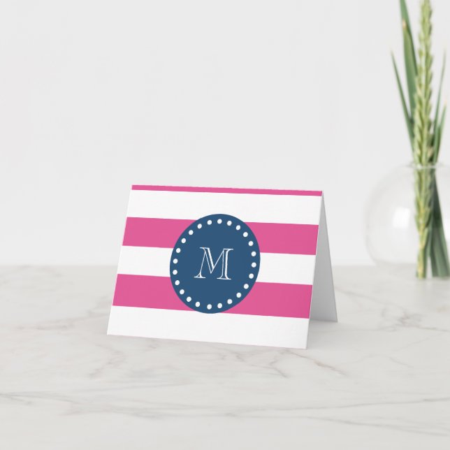 Hot Pink Stripes Pattern, Navy Blue Monogram Note Card (Front)