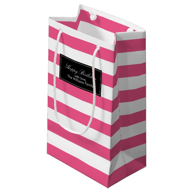 Hot Pink Stripes Pattern Personalized Small Gift Bag (Front Angled)