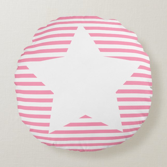 Hot Pink Stripes & White Star - Coussin rond (Devant)