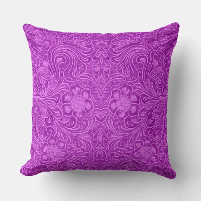 Hot Pink Suede Leather Look Embossed Flowers Throw Pillow (Front)