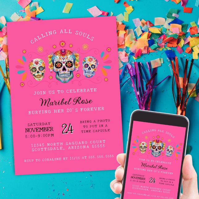 Hot Pink Sugar Skulls Day of the Dead Birthday Invitation (Hot pink dia de los muertos sugar skulls birhtday party invitations for mexican hispanic heritage)