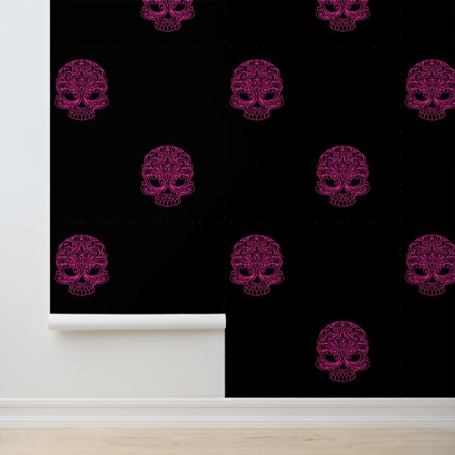 Hot Pink Sugar Skulls on Solid Black Wallpaper (Application)