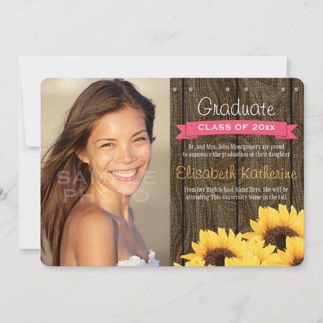 Hot Pink Sunflower Graduation Announcement (Front)