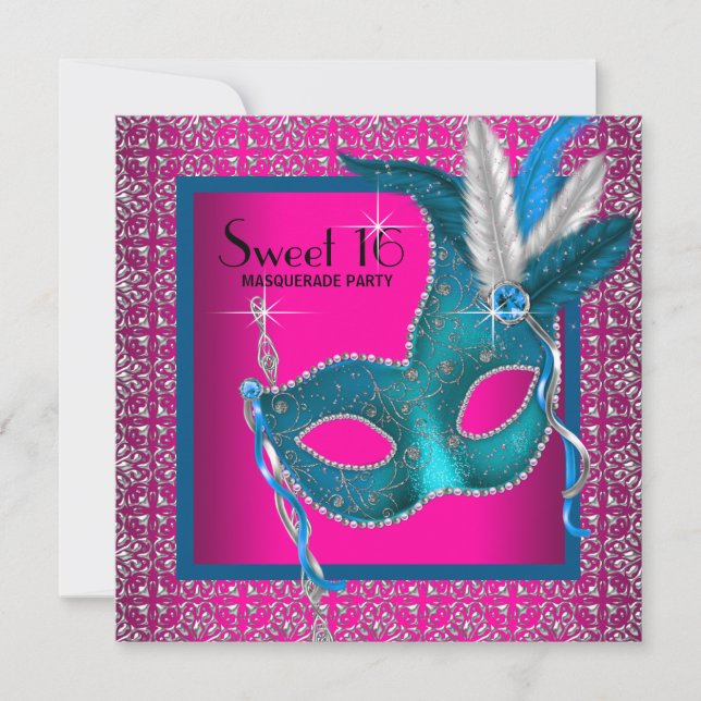 Hot Pink Sweet 16 Masquerade Party Invitation (Front)