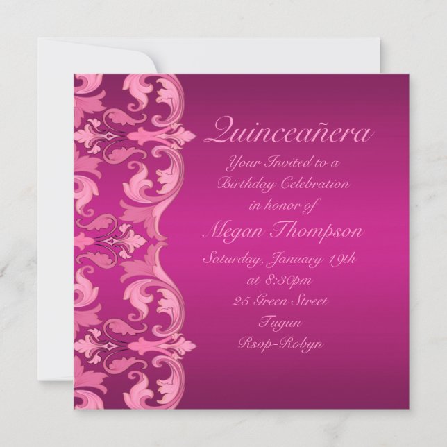 Hot Pink Swirl Damask Birthday Quinceañera Invite (Front)