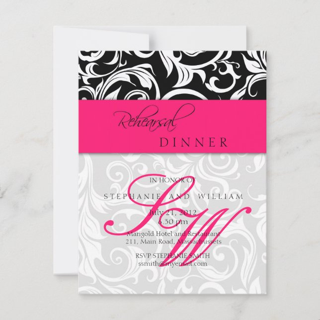 Hot Pink Swirl Monogram Rehearsal Dinner Card (Front)