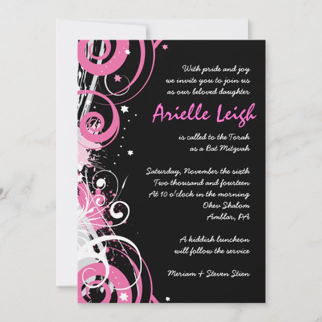 HOT PINK SWIRLS & STARS Bat Mitzvah Invitation (Front)