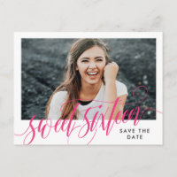 Hot Pink Swirly Sweet Sixteen Save the Date