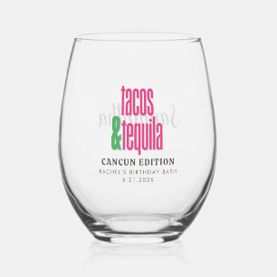Hot Pink Tacos Birthday Bachelorette Bridal Shower Stemless Wine Glass