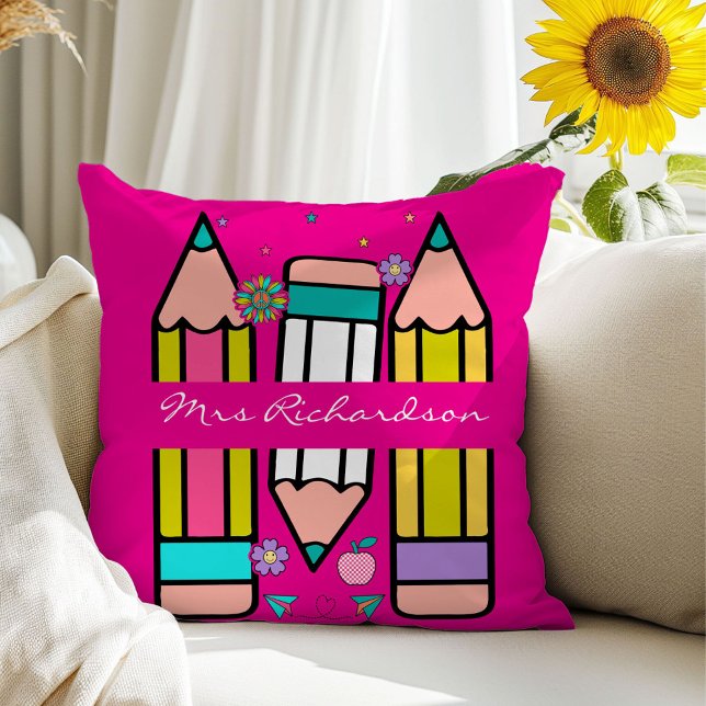 Hot Pink Teacher Colourful Pencil Name Throw Pillo Throw Pillow (Creator Uploaded)