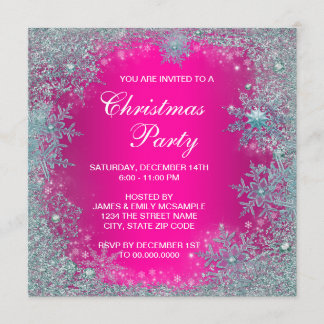 Hot Pink Teal Blue Snowflake Christmas Party Invitation