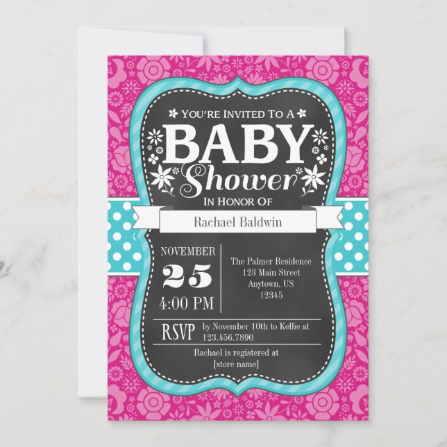 Hot Pink Teal Chalkboard Floral Baby Shower Invite (Front)