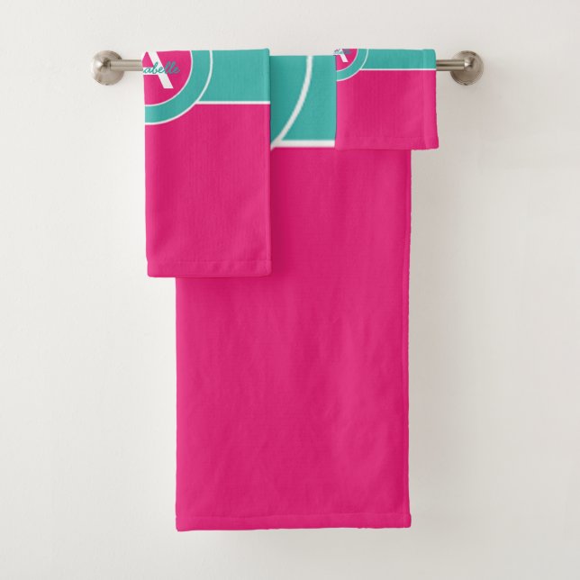 Hot Pink Teal Monogram Personalized Bath Towel Set (Insitu)