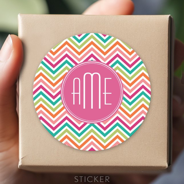 Hot Pink Teal Orange Chevrons Custom Monogram Classic Round Sticker (Custom Sticker for Party Favors and Envelopes)