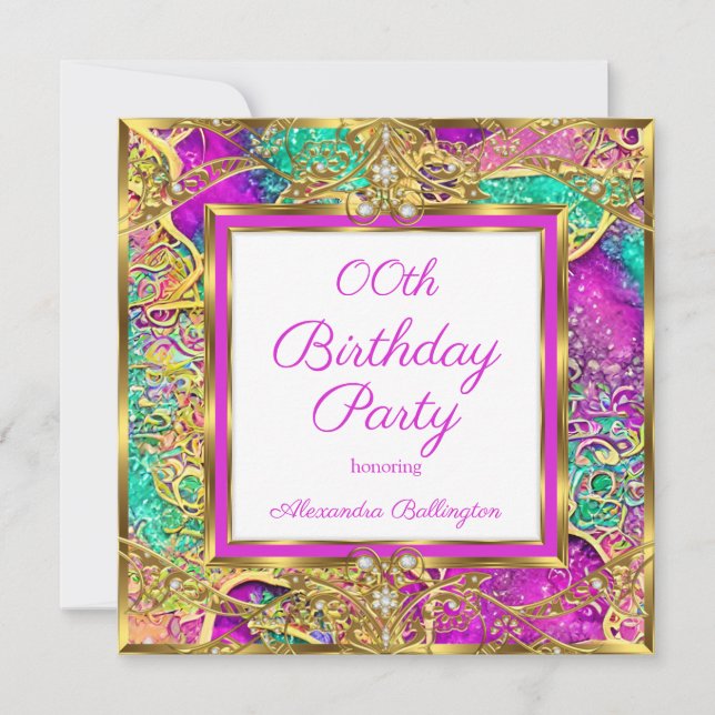 Hot pink teal purple Elite Gold Birthday Party  Invitation (Front)
