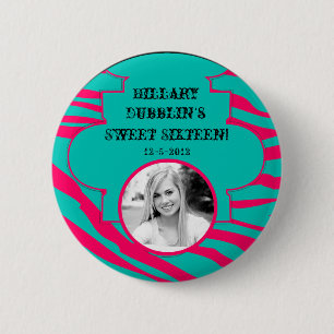 Hot Pink Teal Zebra Print Animal Photo Button