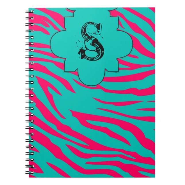 Hot Pink Teal Zebra Print Animal Spiral Notebook (Front)