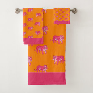 Hot Pink Tiger on Bold Orange Boho Pattern Bath Towel Set