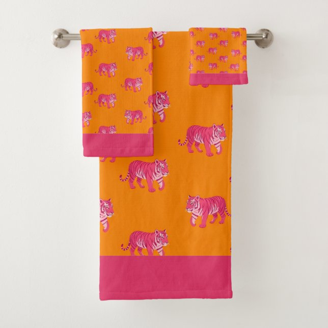 Hot Pink Tiger on Bold Orange Boho Pattern Bath Towel Set (Insitu)