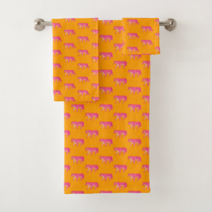Hot Pink Tiger on Bold Orange Boho Pattern Bath Towel Set