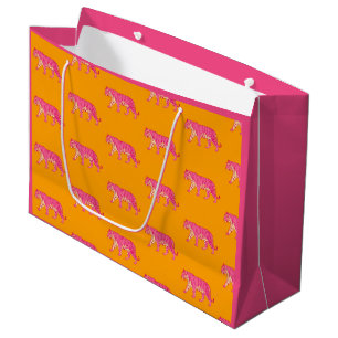 Hot Pink Tiger on Bold Orange Boho Pattern Large Gift Bag